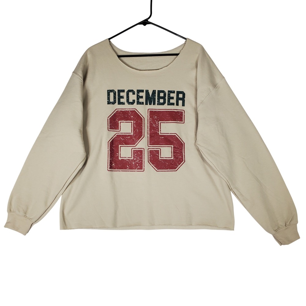 Women December 25 Graphic Cropped Sweatshirt Beige Raw Hem Holiday XL